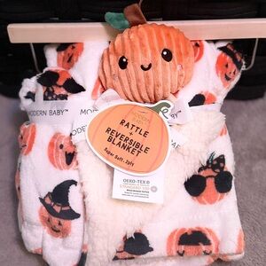 Pumpkin Baby Blanket and Rattle Set